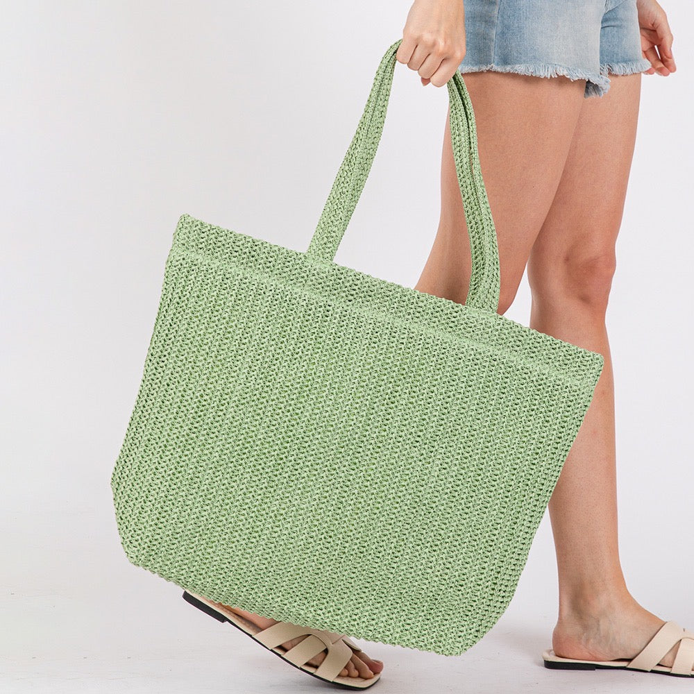Solid Crochet Straw Tote Bag / Beach Bag