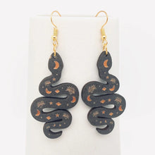 Load image into Gallery viewer, Mysterious Black Star Moon Snake Wooden Earrings
