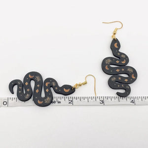 Mysterious Black Star Moon Snake Wooden Earrings