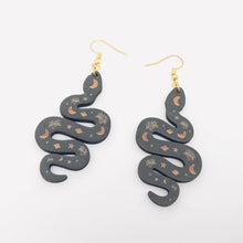 Load image into Gallery viewer, Mysterious Black Star Moon Snake Wooden Earrings
